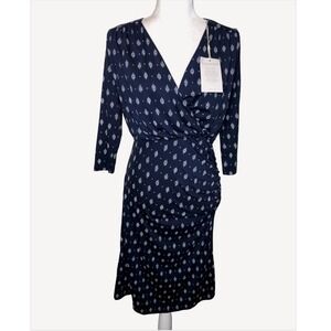 NWT Garnet Hill Navy White Ruched Faux Wrap Midi Dress S Office Wear‎ Classic